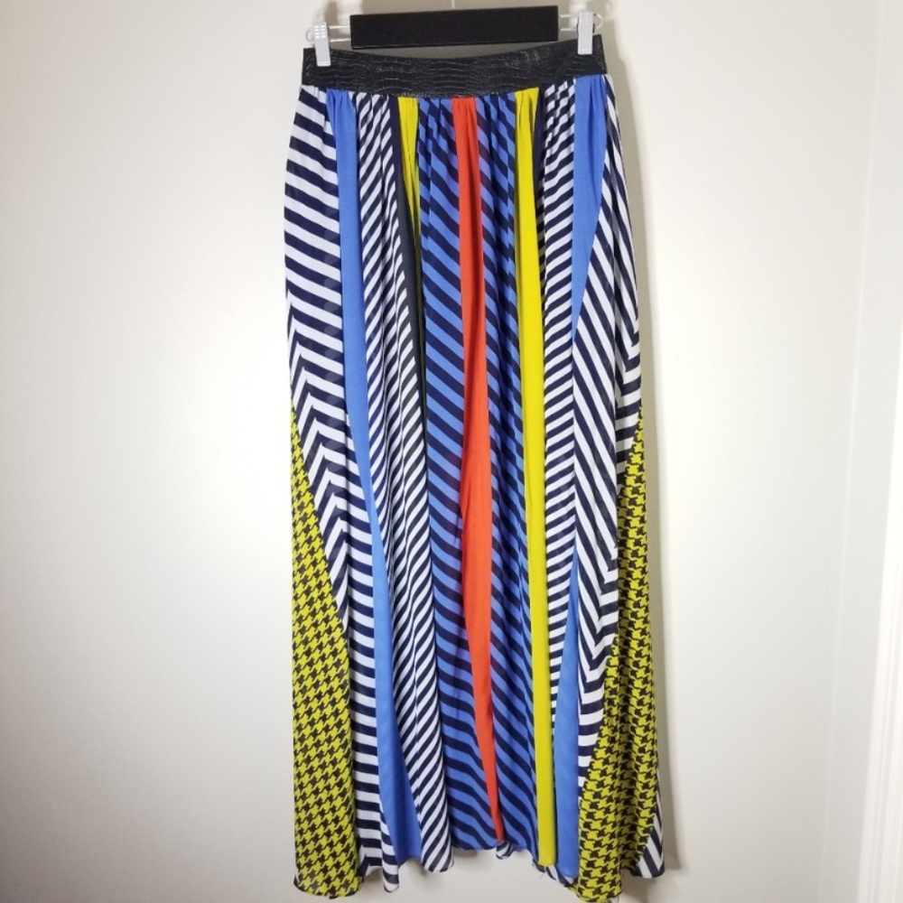 TOV Multicolored Maxi Skirt Sheer Chiffon Stretch Waist Blue Yellow Red XL